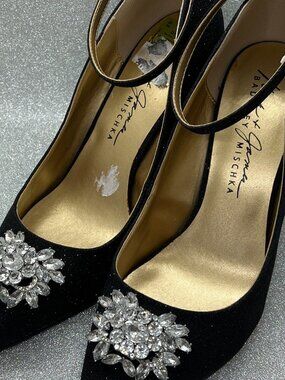 NWOB Mark & James Badgley Mischka Black Glitter Jewel Pointy Toe Stiletto Heel